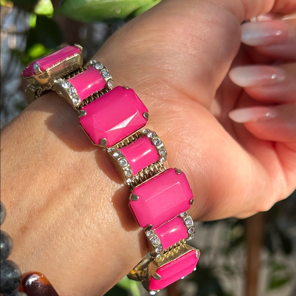 Vintage Mesh Pink Clear Rhinestones Bracelet 7.5”